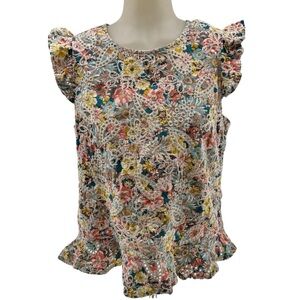 Solitaire Sz M Pink Yellow Flutter Sleeve Ruffled Blouse Embroidered colorful